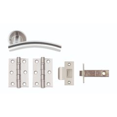 CHOICE PRIVACY DOOR PACK SATIN STAINLESS STEEL (ROSE HANDLES; 3IN 2BB HINGES + LATCH)
