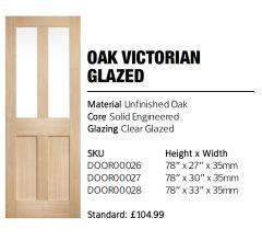 Oak Victorian 2P/2L internal door with clear glazed upper panels and unfinished surface