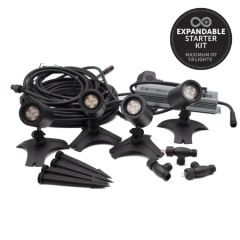 ELLUMIÈRE 4 X SMALL SPOTLIGHT STARTER KIT
(4 X 2W SPOTLIGHTS WITH SPIKE OR WEIGHTED BASE, 1 X 72W TRANSFORMER, 3 X 1M EXTENTION CABLES, 1 X 10M EXTENTION CABLE & 3 X T-PIECES)