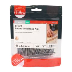 TIMCO BRIGHT ROUND LOST HEAD NAILS 65 X 3.35MM (500G BAG)