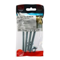 TIMCO CARRIAGE BOLT & HEX NUT - BZP M8 X 100MM (BAG OF 4)