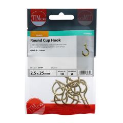 TIMCO ROUND CUP HOOK ELECTRO BRASS 25MM (10 PER BAG)