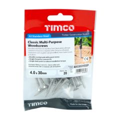 TIMCO CLASSIC PZ DOUBLE COUNTERSUNK MULTI PURPOSE WOODSCREW 4.0 X 30MM (20 PER BAG)